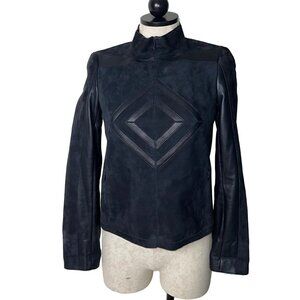 Akris Womens Jacket Size Size 4 Blue Moto Leather Suede Full Zip Geometric